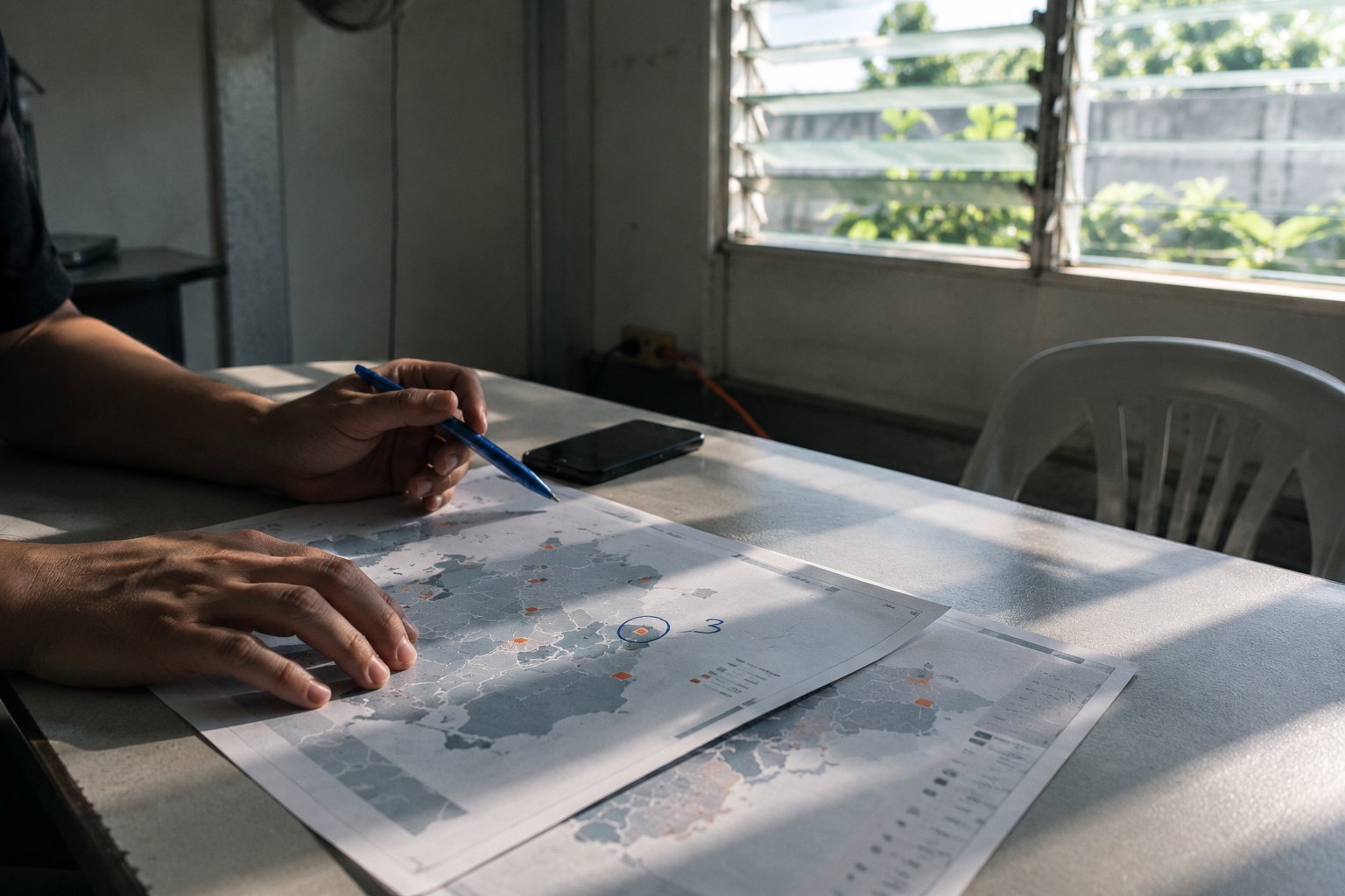 San José: printed maps on a table, a hand holding a pen over them.