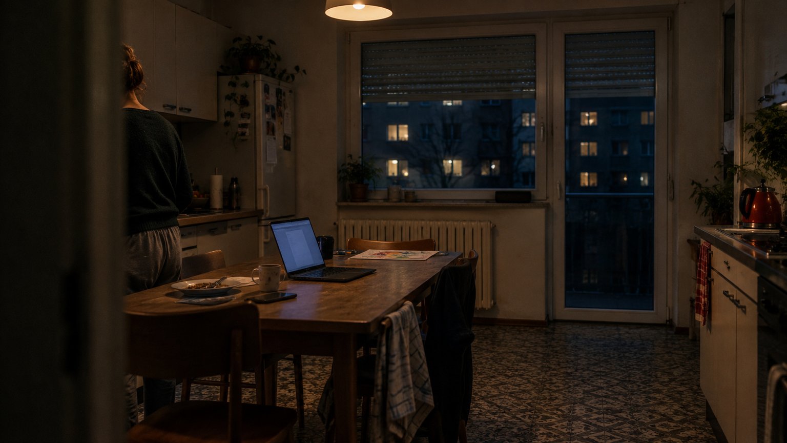 Wrocław in the evening: a kitchen table with an open laptop, someone standing at the counter nearby.