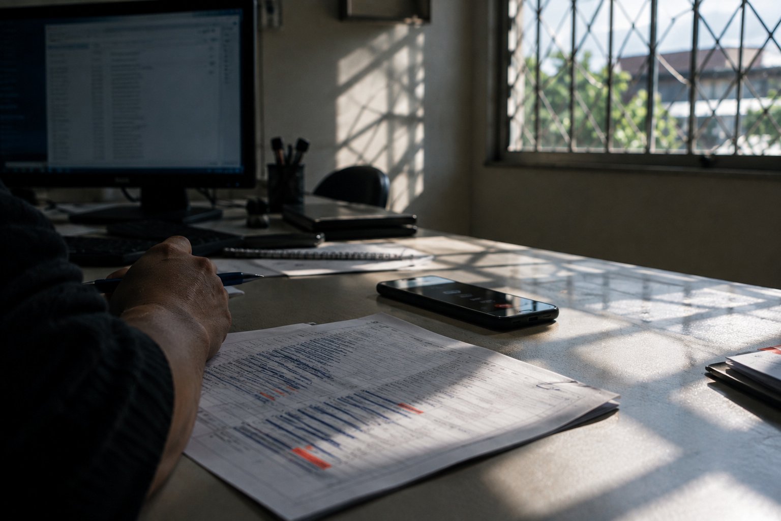 San José: a desk during research, a list on the screen and a printed page with notes beside it.
