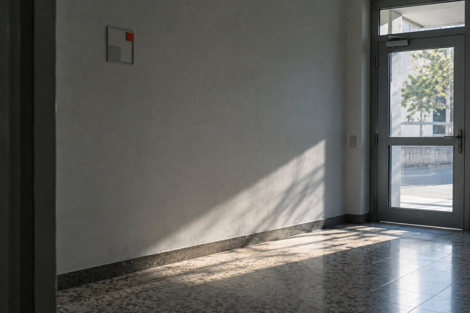 San José: an empty reception area in afternoon light, a small sign on the wall.
